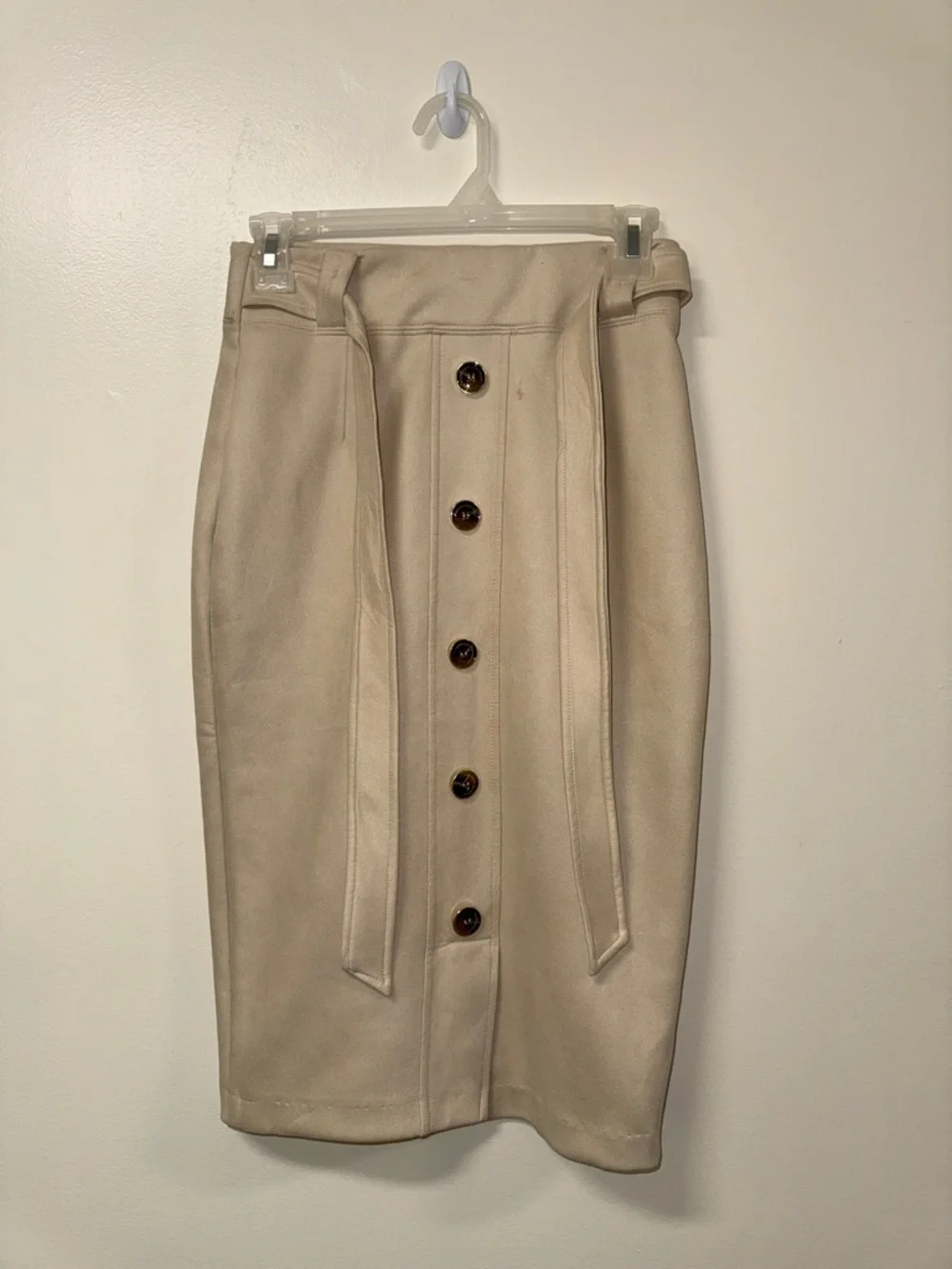 Mid-Rise Beige Button-Front Pencil Skirt with Self-Tie Detail - Picture 1 of 5
